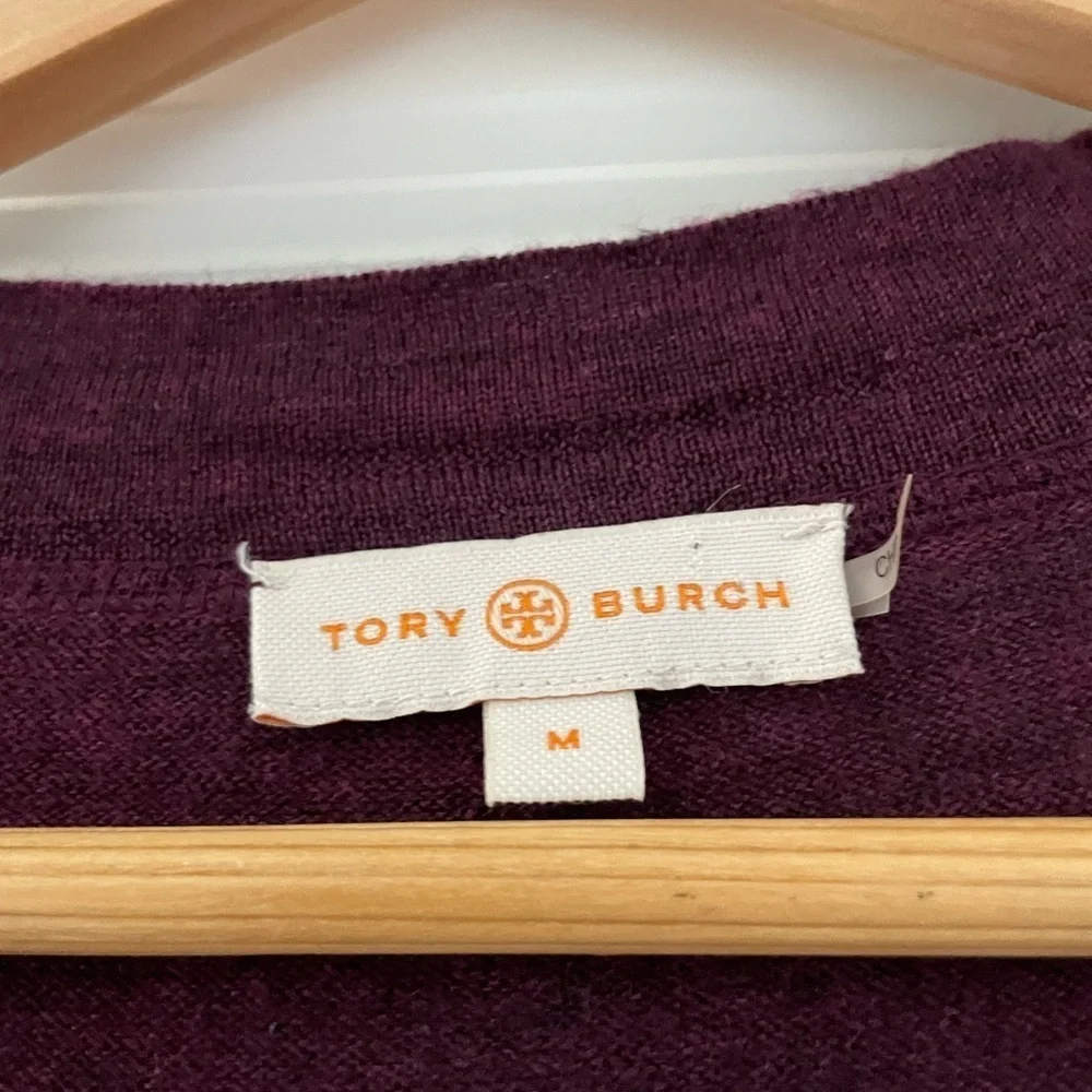 Tory Burch Simone Merino Wool Logo Button Cardigan Sweater Quiet Luxury Preppy